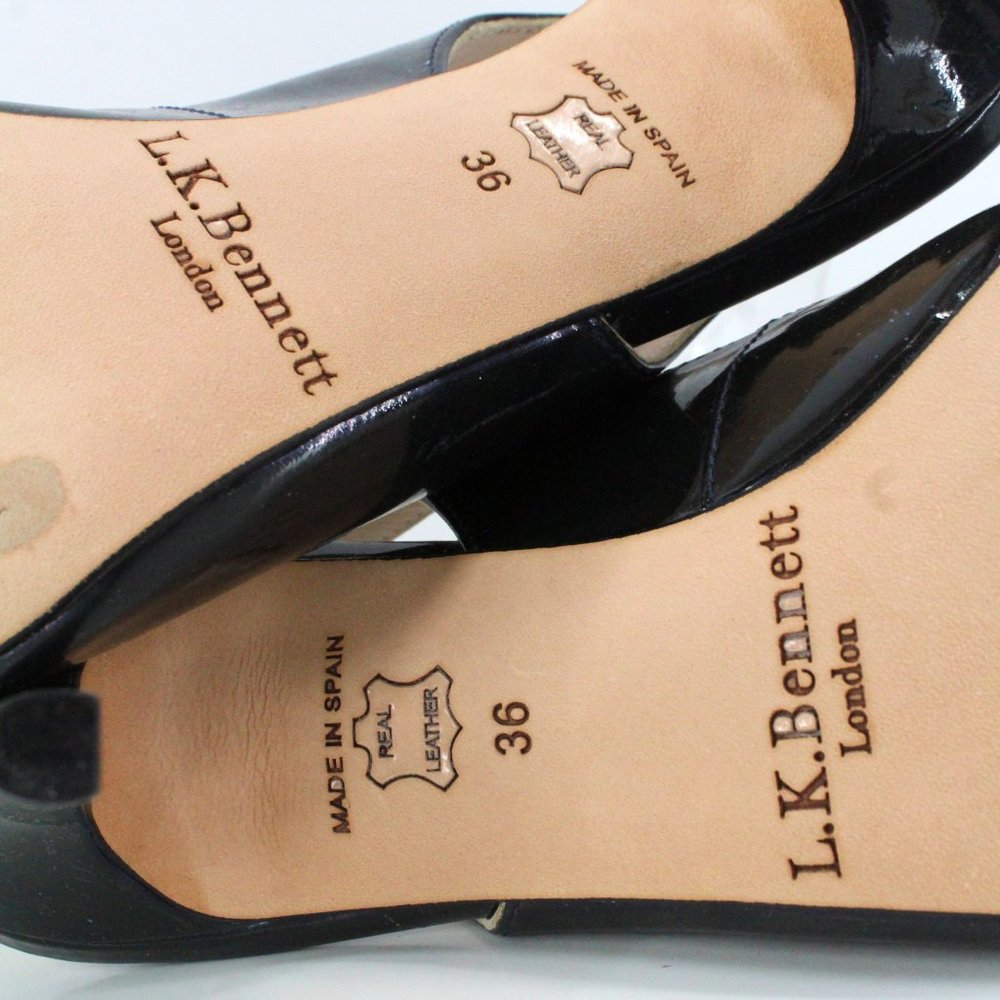 L.K. Bennett Black Patent Leather Peep Toe Slingback Bow Heel SZ 36 - Picture 13 of 16